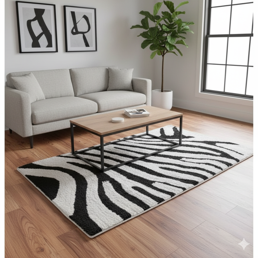 Black & White Zebra Print Microfiber Carpet – Soft Feel with Anti-Skid Rubber Backing
