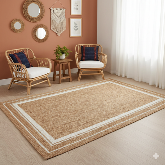 Natural & White Jute Border Handmade Braided Area Rug.