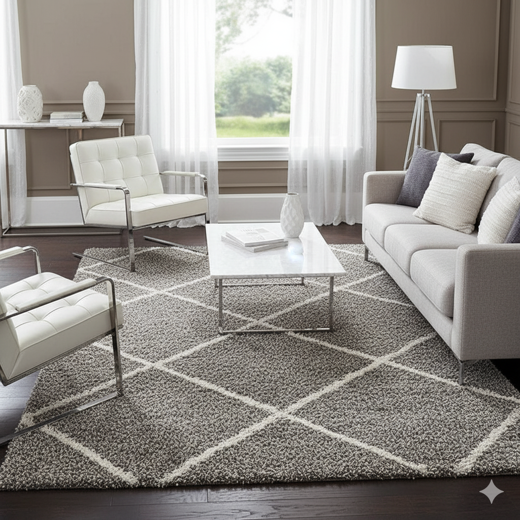Diamond Cross Super Soft Microfiber Silk Touch Rugs Grey With Ivory Living Area Rug - Soft Feel with Anti-Skid Rubber Backing