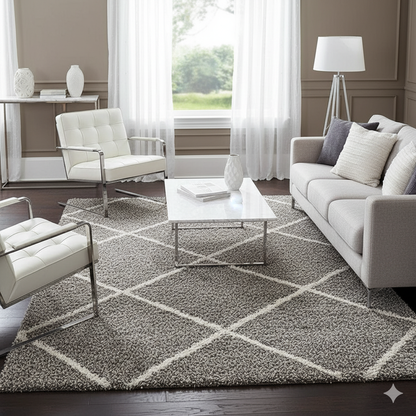 Diamond Cross Super Soft Microfiber Silk Touch Rugs Grey With Ivory Living Area Rug - Soft Feel with Anti-Skid Rubber Backing