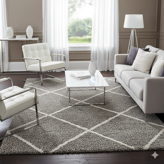 Diamond Cross Super Soft Microfiber Silk Touch Rugs Grey With Ivory Living Area Rug - Soft Feel with Anti-Skid Rubber Backing