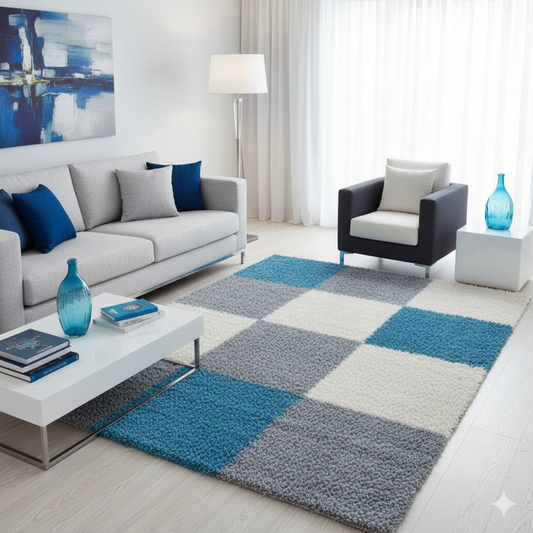 Handwoven Shag Collection Super Soft Microfiber Silk Touch Rug – Ivory, Grey & Aqua – Soft Feel with Anti-Skid Rubber Backing