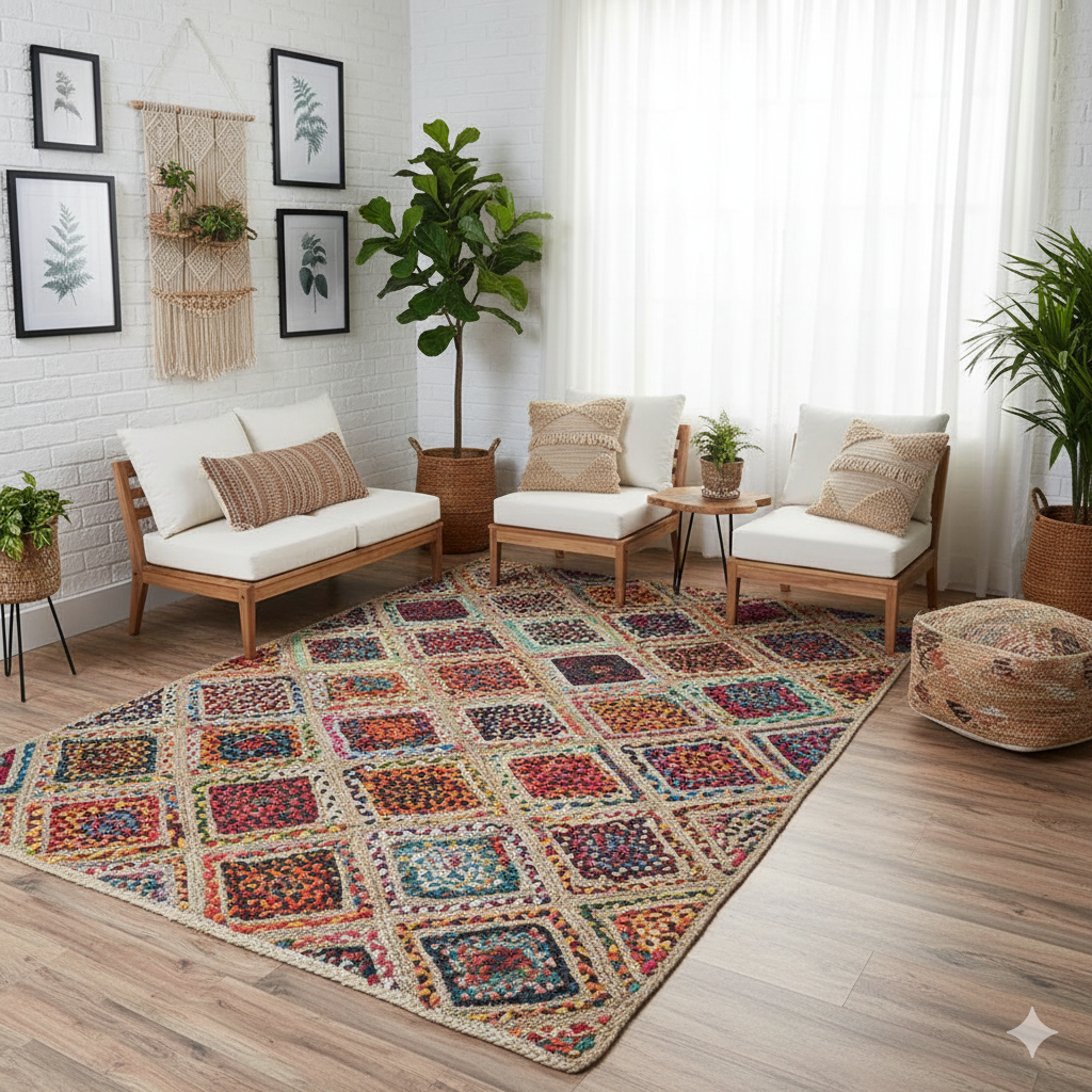 Handwoven natural jute and cotton chindi patchwork area rug with rich textured surface and artisan detailing, for bohemian and eclectic interiors