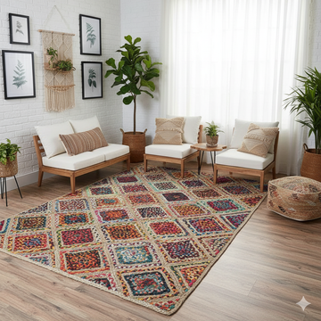 Handwoven natural jute and cotton chindi patchwork area rug with rich textured surface and artisan detailing, for bohemian and eclectic interiors