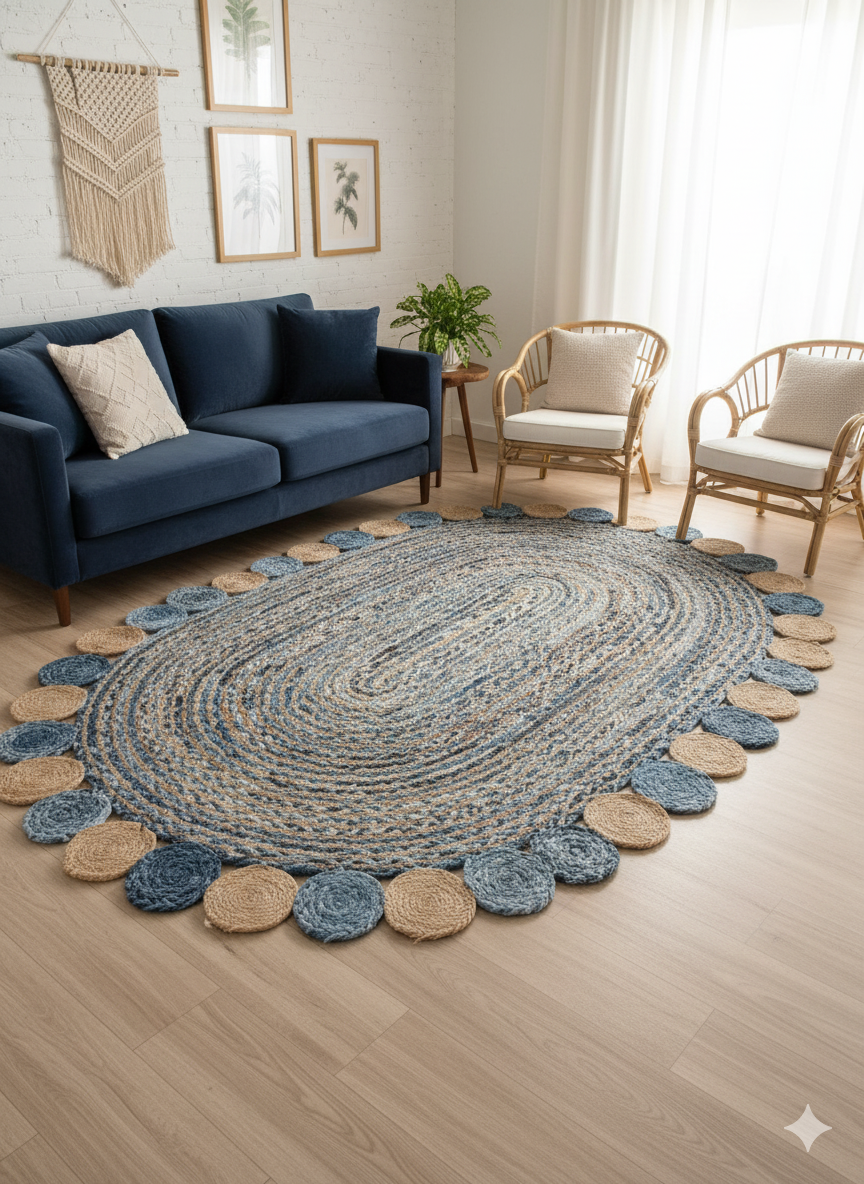 Kashyaparugs hand-braided jute and denim oval shaped rug with round tikki border – eco-friendly, multi-tonal