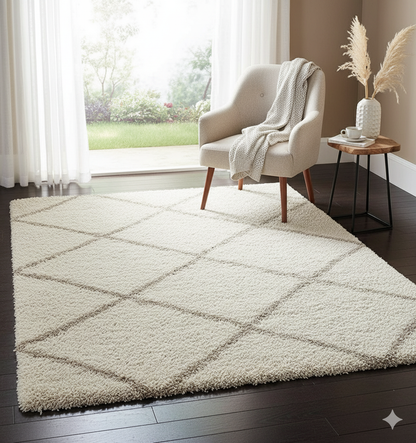 Diamond Shaggy Design Rug – Ivory with Beige Lines – Microfiber Hand-Tufted Carpet – Soft Feel with Anti-Skid Rubber Backing