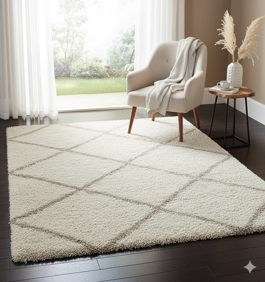 Diamond Shaggy Design Rug – Ivory with Beige Lines – Microfiber Hand-Tufted Carpet – Soft Feel with Anti-Skid Rubber Backing