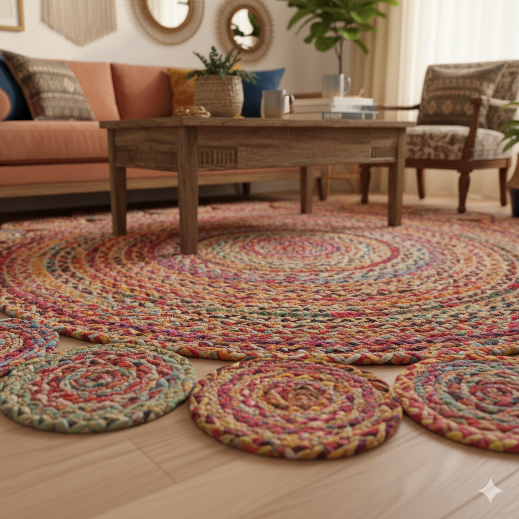 Kashyaparugs hand-braided jute and chindi round tikki area rug – eco-friendly, multi-tonal, available in 3 sizes