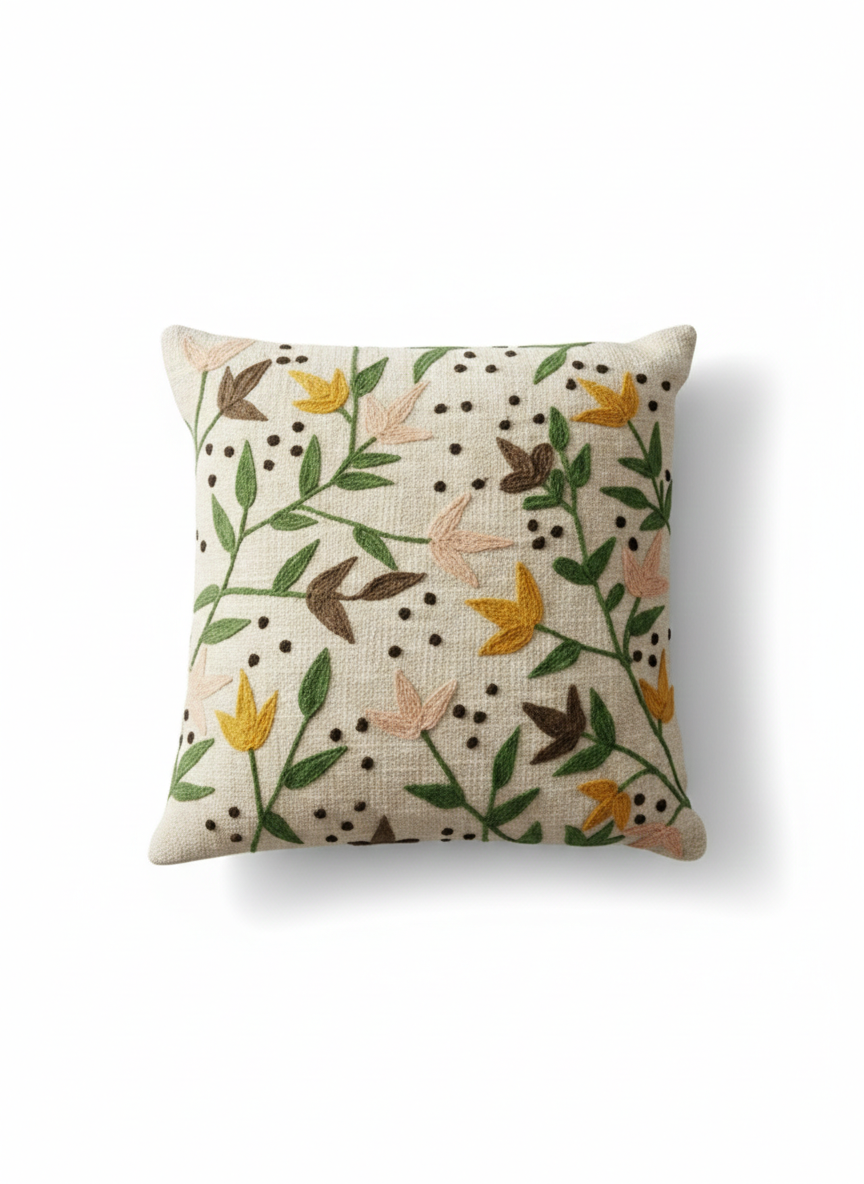Botanical Floral Embroidered Cushion Cover | Multicolor Flower & Leaf Decorative Pillow Cover for Sofa & Living Room