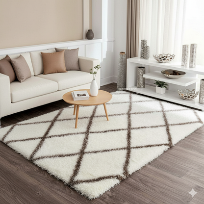 Micro Abstract Moroccan Design Carpet – Cream and Brown – Soft Feel with Anti-Skid Rubber Backing