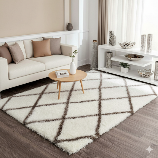 Micro Abstract Moroccan Design Carpet – Cream and Brown – Soft Feel with Anti-Skid Rubber Backing