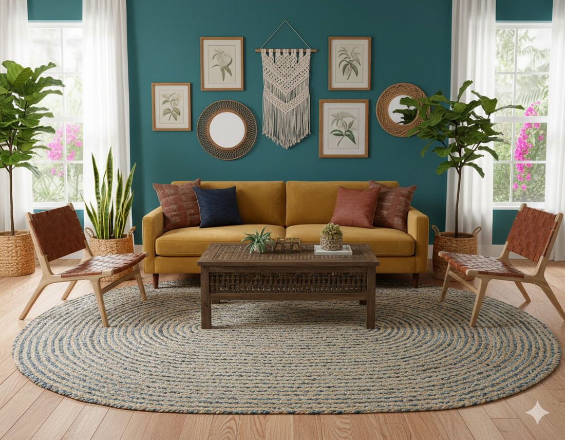 Kashyaparugs handbraided natural jute and denim oval area rug – artisanal, rustic design, available in 2 sizes