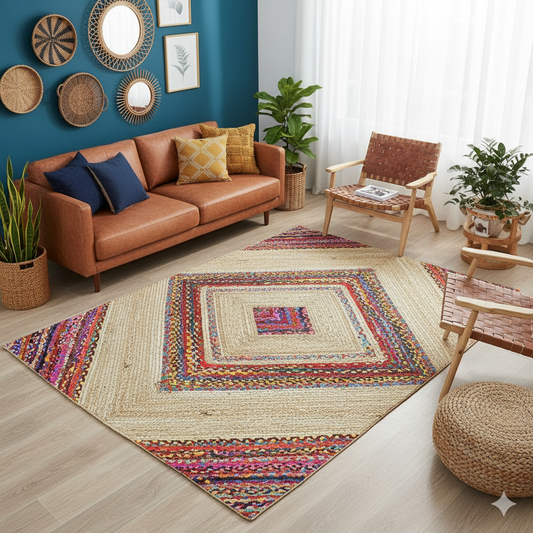 Handwoven Braided Natural Jute & Cotton Chindi premium design Rug – Multiple Sizes