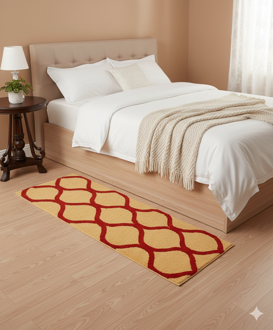 Red & Yellow Geometric Bedside Runner – Soft Microfiber, Anti-Skid Rubber Backing