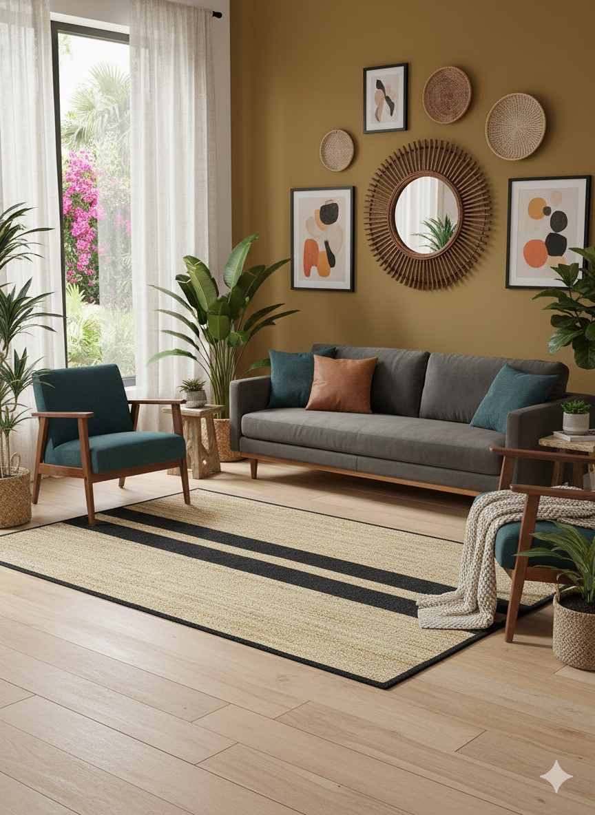 Kashyaparugs handwoven natural jute area rug with black double border stripe detail – braided texture, ideal for modern and boho interiors