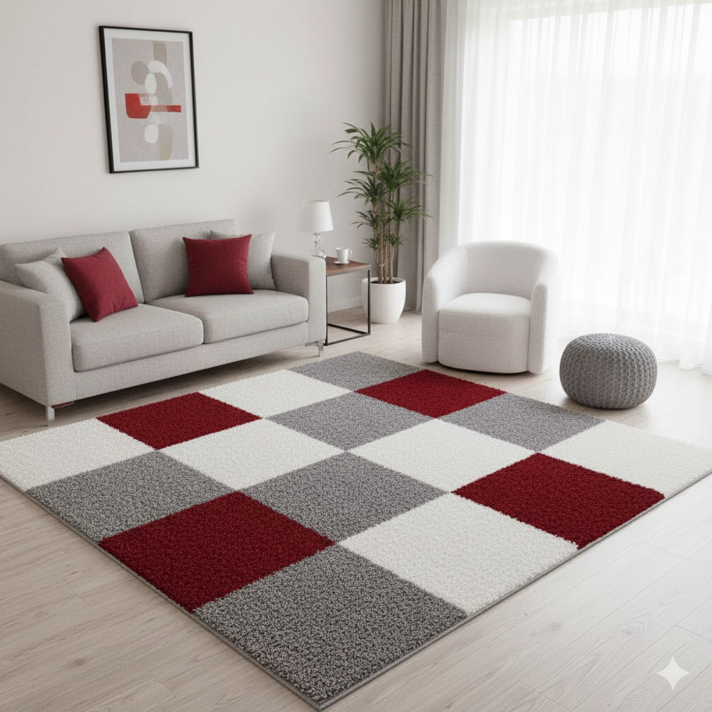 Grey with Ivory Diamond Pattern Shaggy Rug – Hand-Tufted Microfiber Carpet – Soft Feel & Anti-Skid Rubber Backing
