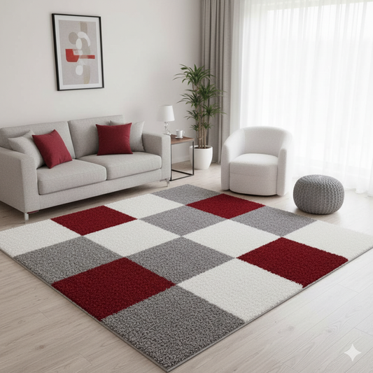 Grey with Ivory Diamond Pattern Shaggy Rug – Hand-Tufted Microfiber Carpet – Soft Feel & Anti-Skid Rubber Backing