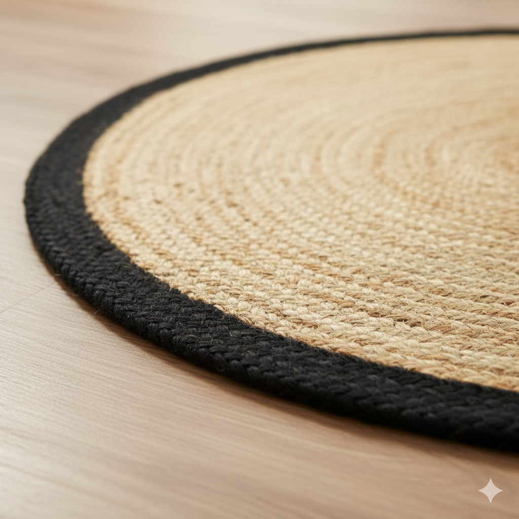 Kashyaparugs hand-braided natural jute and chindi round area rug with black border – eco-friendly, multi-tonal,
