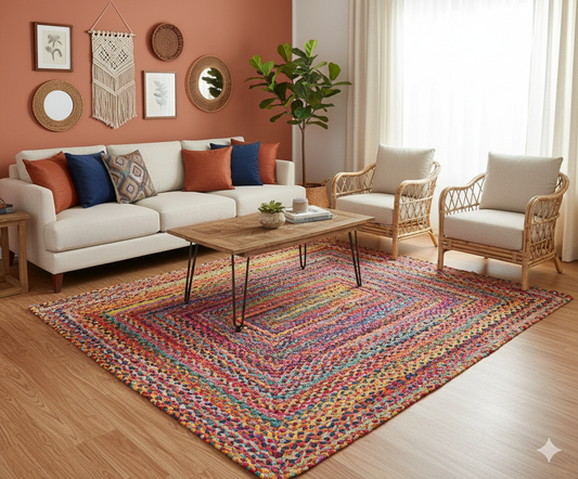 Modern Braided Rug in Multicolour Cotton Chindi Handmade & Hand washable  Rug.