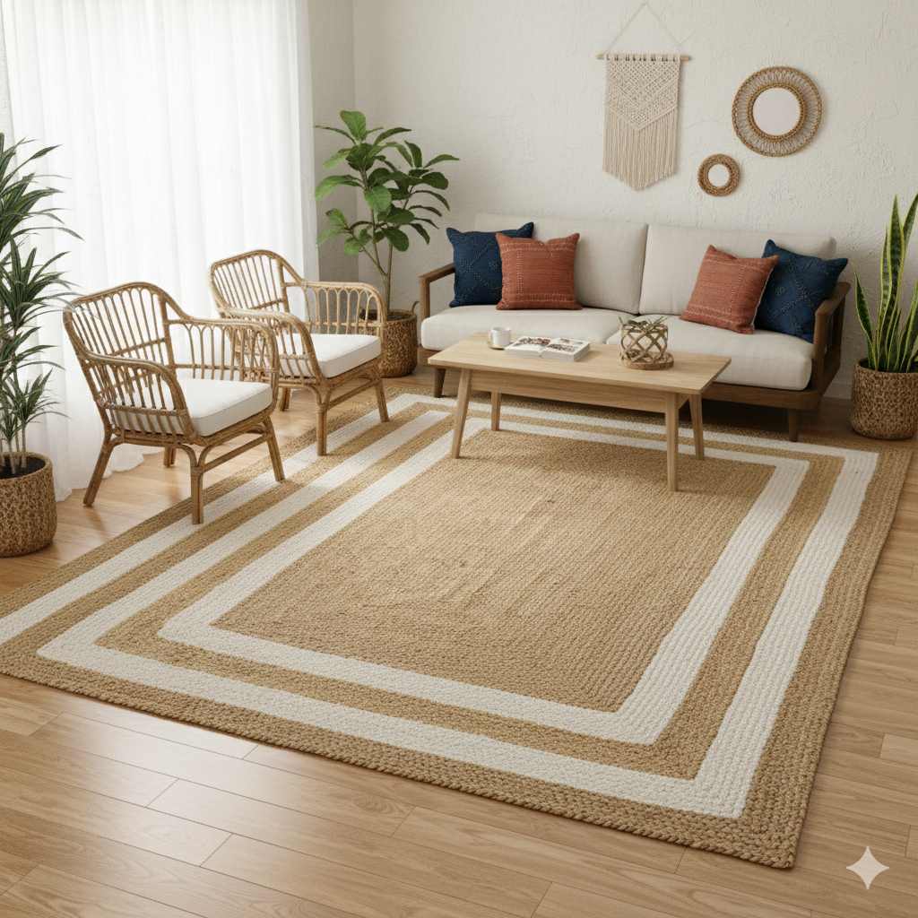 Handwoven natural jute area rug with clean framed border design, warm organic texture for minimalist, bohemian, and coastal interiors