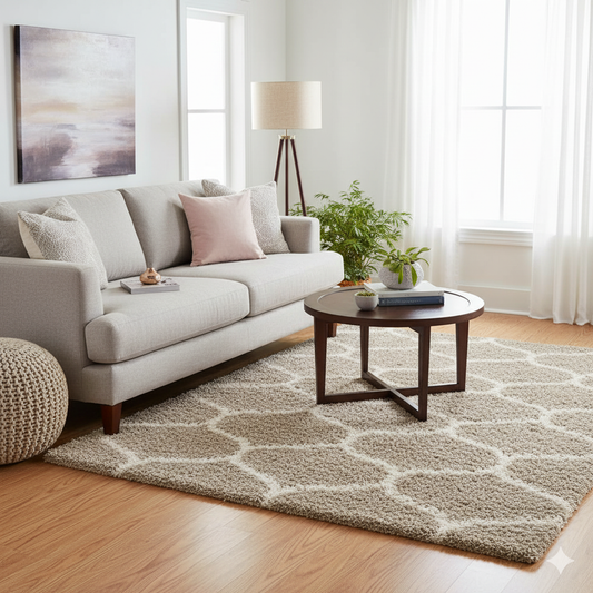 Beige & Ivory Moroccan Diamond Carpet – Soft Microfiber with Anti-Skid Rubber Backing