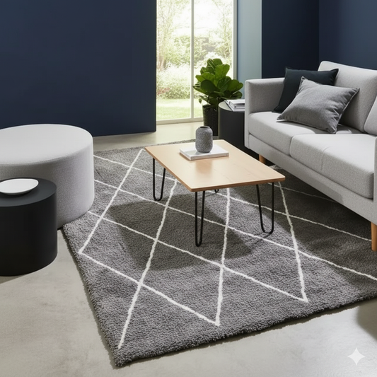 Premium Grey & Ivory Diamond Pattern Shaggy Microfiber Rug – Hand-Tufted – Soft Touch & Anti-Skid Base