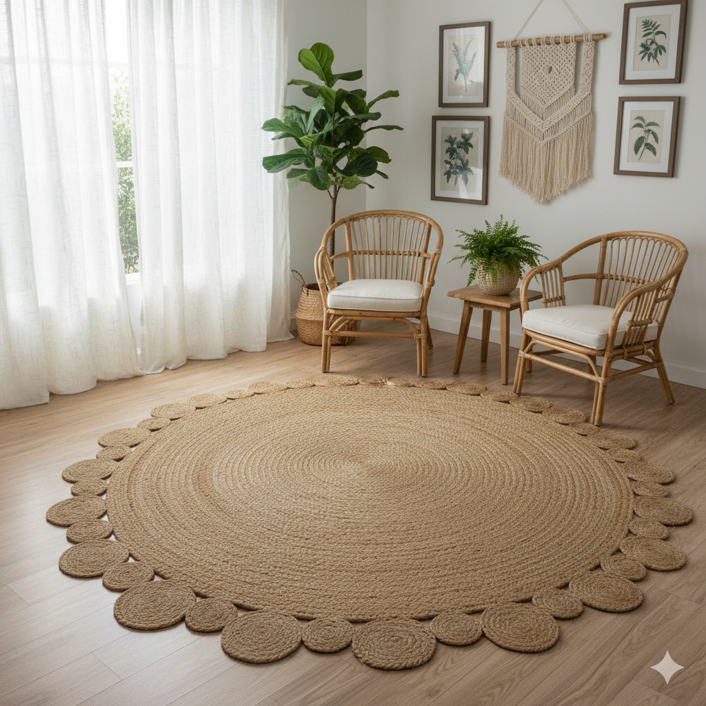 Handwoven Braided Jute Round Carpet with Small Circle Borders