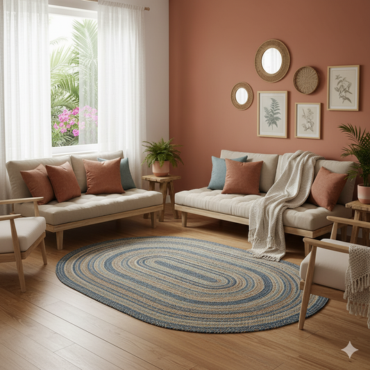 Hand braided Denim and Jute Rug – Beautiful Oval Design