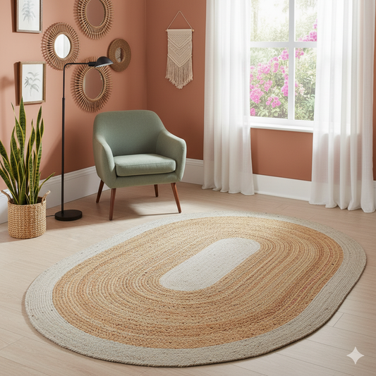 Natural & White Double Border Oval Shaped Jute Area Rug .