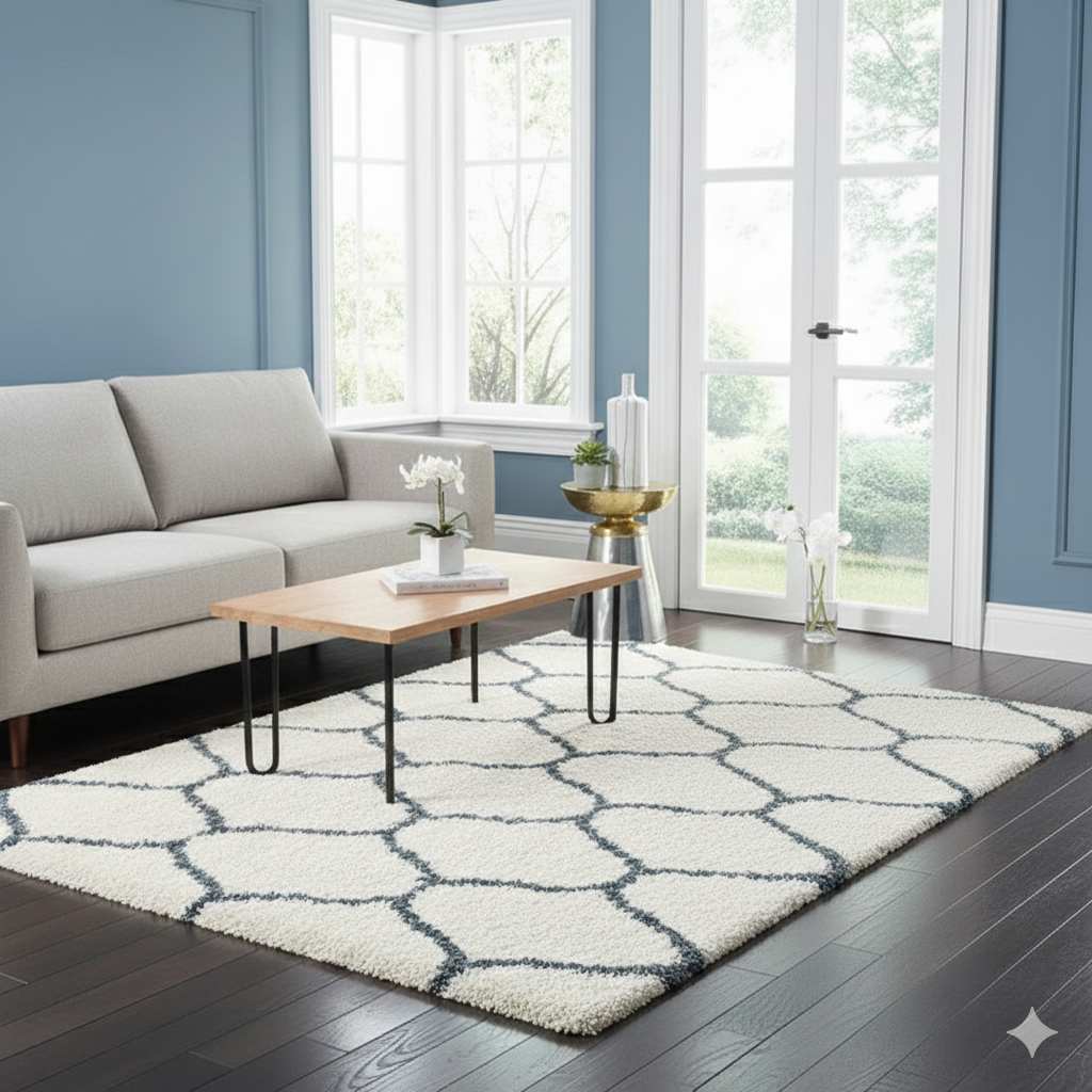 Elegant Cream & Grey Moroccan Lattice Rug – Soft Touch with Anti-Slip Rubber Backing