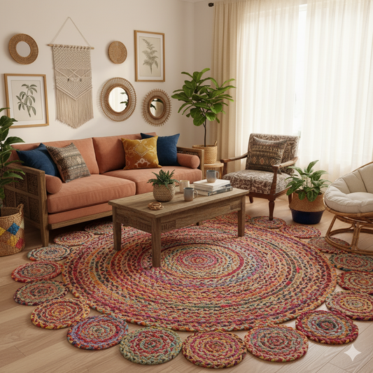 Chindi With Jute Round Tikki Area Rug.