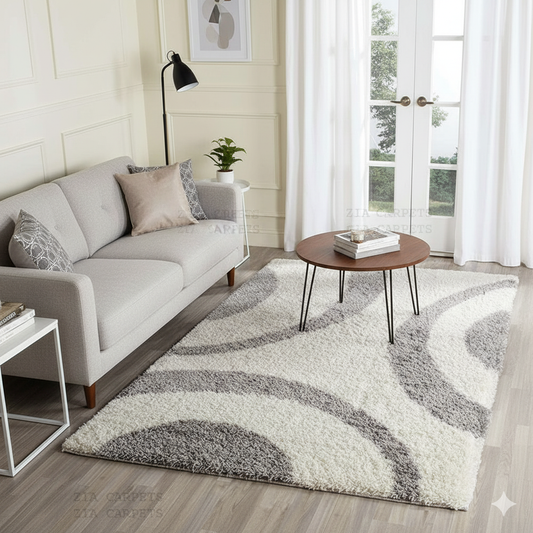 Ivory & Grey Shaggy Hand-Tufted Microfiber Carpet – Soft Touch with Anti-Skid Rubber Backing