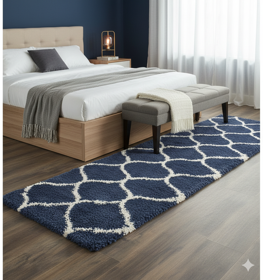 Blue & Ivory Moroccan Design Shaggy Bedside Runner – Soft Feel, Anti-Skid Rubber Backing