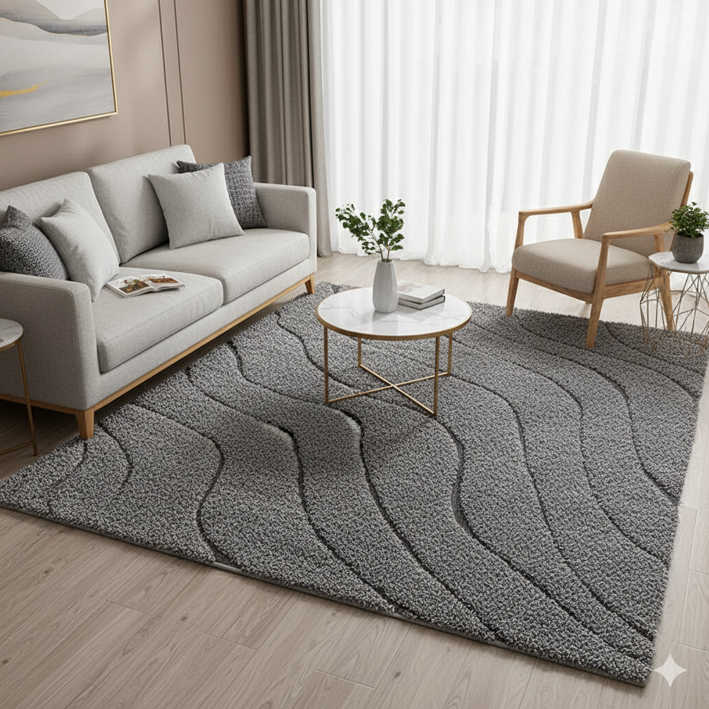 Luxury Grey Waves Shaggy Carpet – Ultra Soft Microfiber & Anti-Skid Rubber Backing