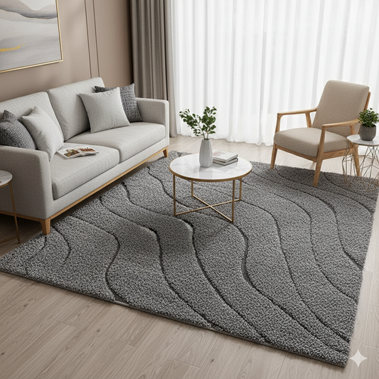 Luxury Grey Waves Shaggy Carpet – Ultra Soft Microfiber & Anti-Skid Rubber Backing