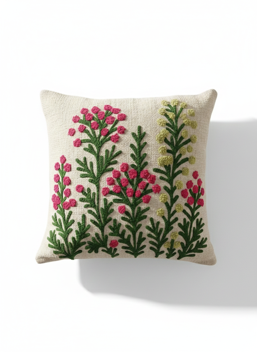 Pink & Green Botanical Embroidered Cushion Cover | Floral Decorative Pillow Cover for Sofa & Living Room