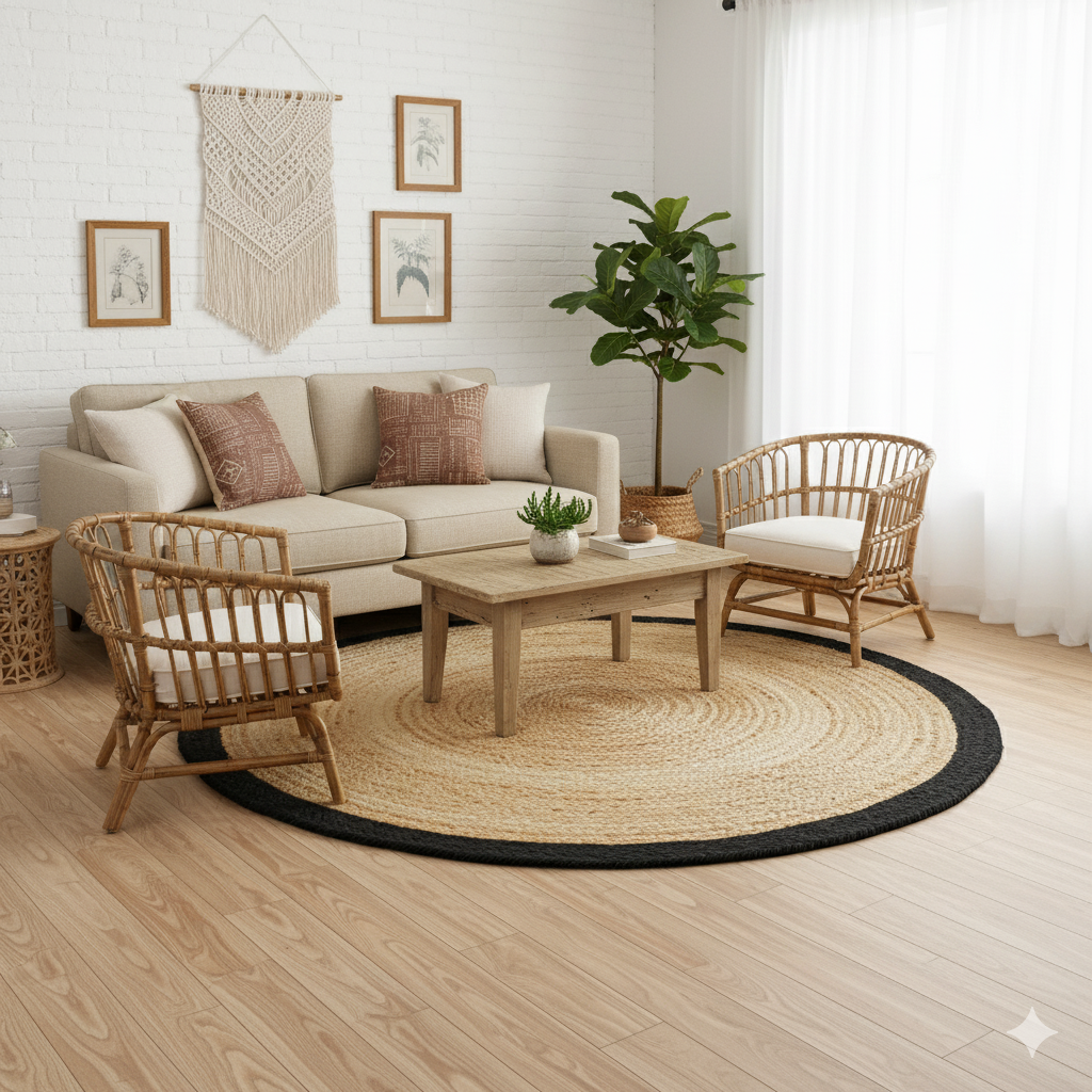 Kashyaparugs hand-braided natural jute and chindi round area rug with black border – eco-friendly, multi-tonal,