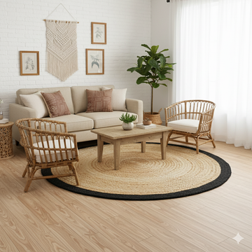 Kashyaparugs hand-braided natural jute and chindi round area rug with black border – eco-friendly, multi-tonal,