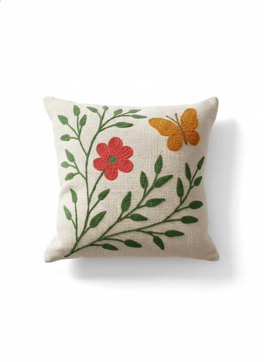 Pink & Green Floral Embroidered Cushion Cover | Decorative Throw Pillow Cover for Sofa & Living Room