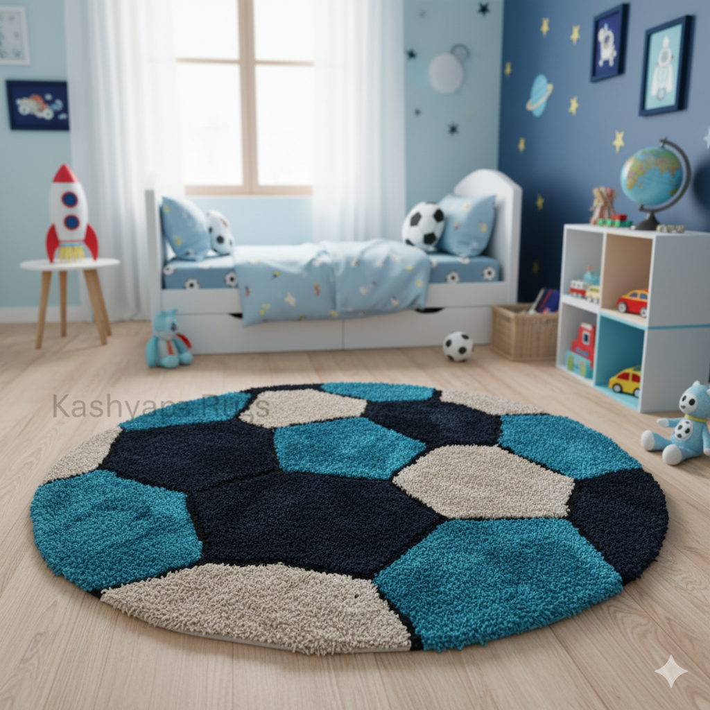"KashyapaRugs premium color combo shaggy football rug – vibrant sports-themed design with ultra-soft cloud-like plush pile for bedrooms, playrooms and themed spaces, anti-skid backing