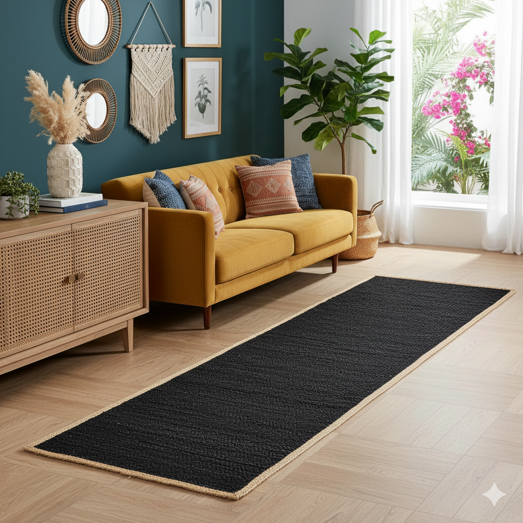 Kashyaparugs handwoven natural jute flatwoven area rug with defined black double border – warm, durable, suits modern and bohemian interiors