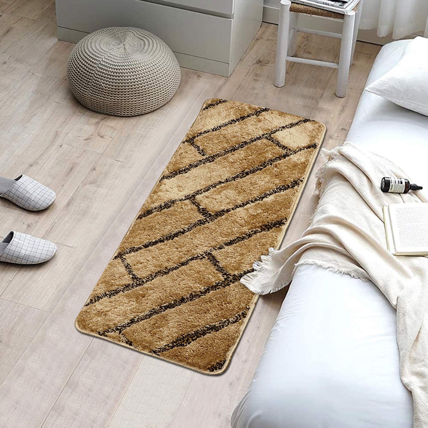 Brown & Gold Bricks Design Shaggy Bedside Runner Rug - Microfiber Polyester Carpet for Bedroom, Living Room, or Hallway