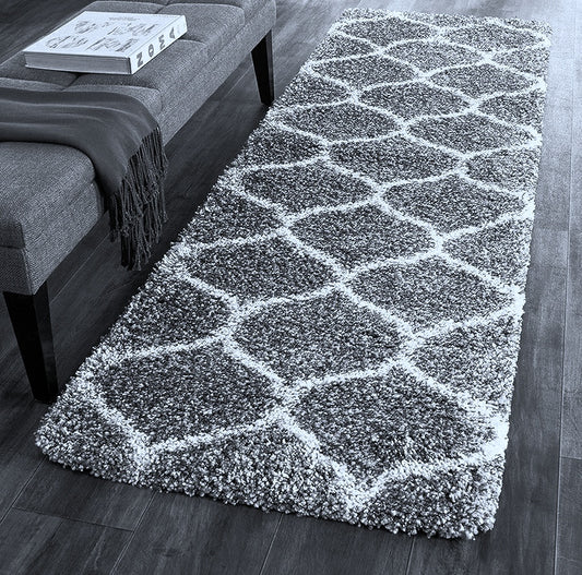 Grey and Ivory Moroccan Style Microfiber Bedside Runner