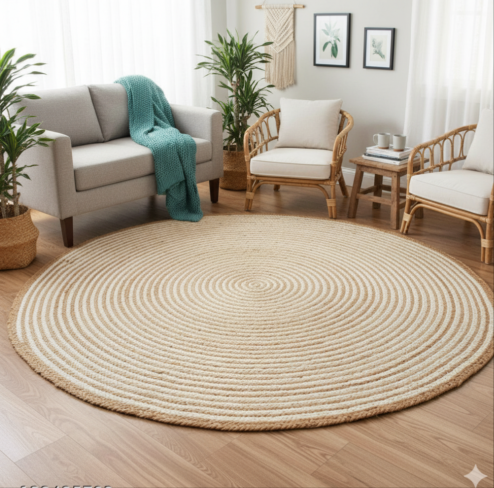 Natural Jute and Cotton Ecofriendly Round Carpet.