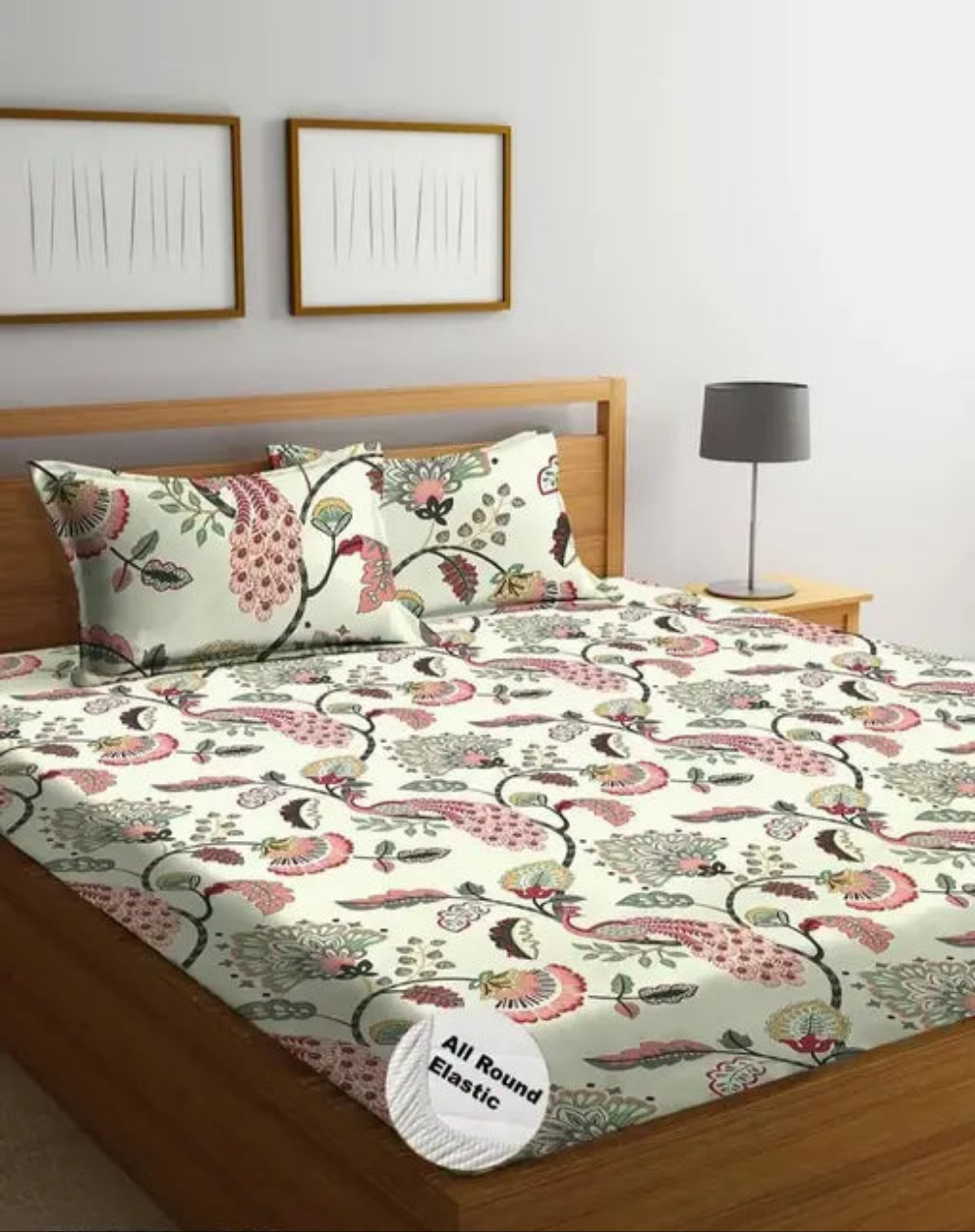Kashyapa Rugs  Premium Cotton White Peacock 🦚 Jaipuri Design Fitted Bedsheet – Double Bed Size with 2 Pillow Covers