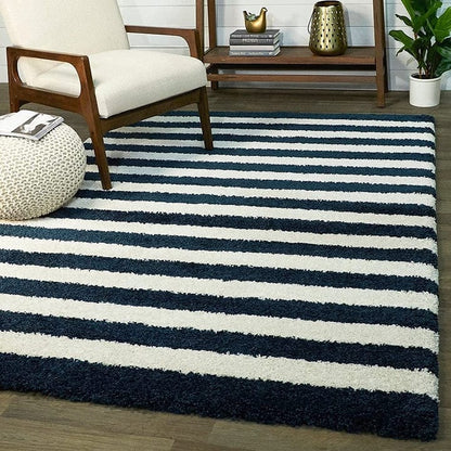 Kashyapa Rugs Collection-Navy Blue And Ivory Soft MicroFiber Premium Modern Carpet.