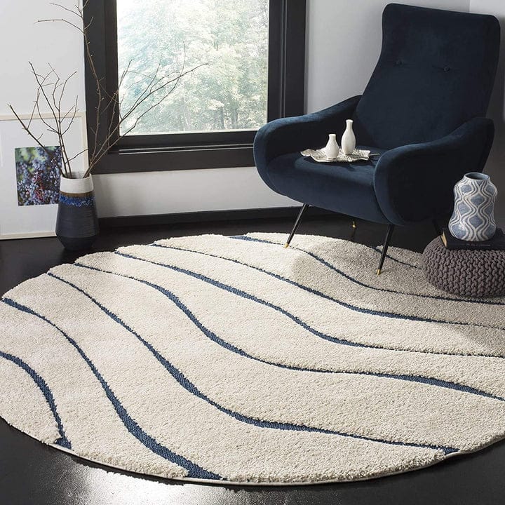 Ivory with Blue Soft Shaggy Round Carpet
