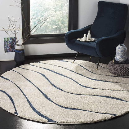 Ivory with Blue Soft Shaggy Round Carpet