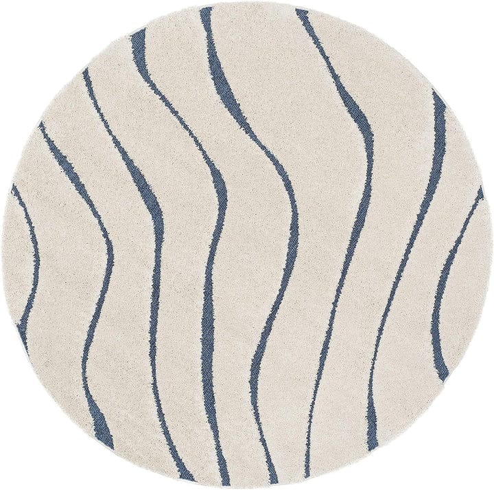 Ivory with Blue Soft Shaggy Round Carpet