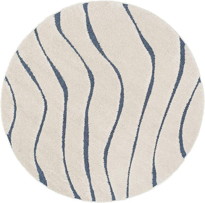 Ivory with Blue Soft Shaggy Round Carpet